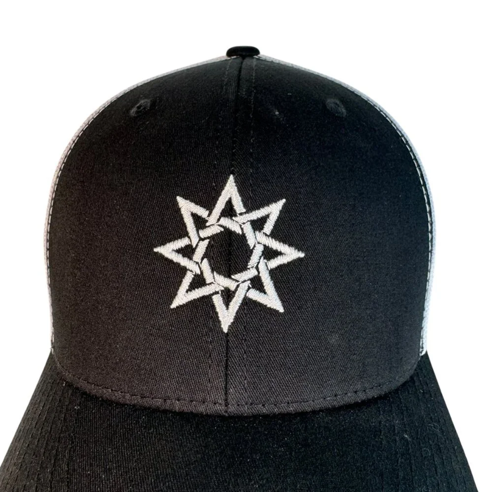 White 8 Point Star Octagram Snapback Hat Cap Embroidered Black & White Occult